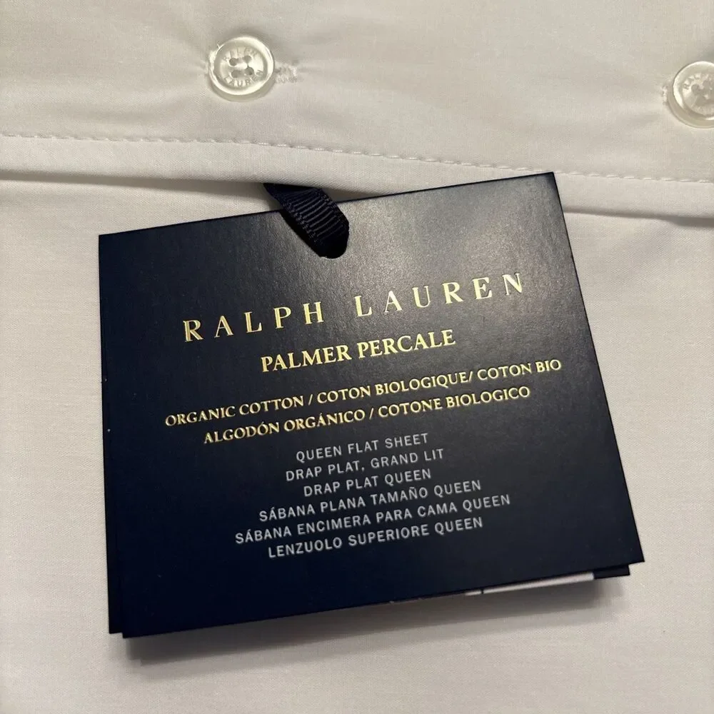 Ralph Lauren Organic Cotton Percale Palmer Queen Flat Sheet $175 White/Polo Navy